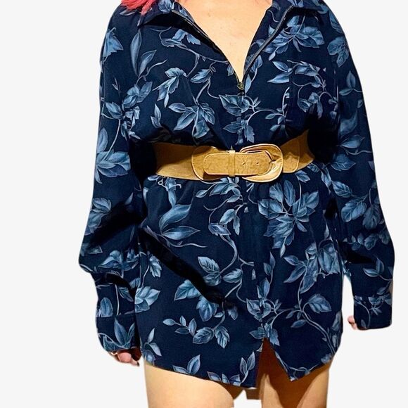Vintage Blue Floral Print Shirt Mini Dress - Picture 6 of 13